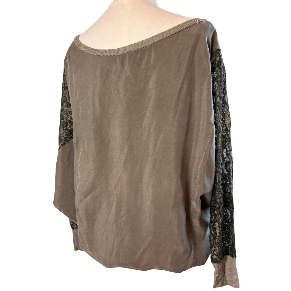 Miss‎ Ferriday Taupe Silk Blouse Lace Sleeves Mixed Media Romantic Top - Picture 4 of 9